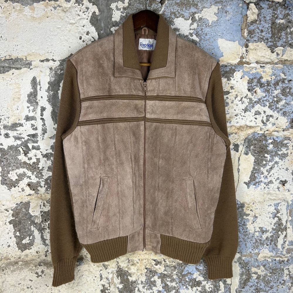 Vintage 80's Repage Suede Leather Knit Bomber Jacket Brown Hybrid Zip Mens Large